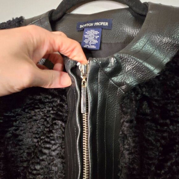 Boston Proper 4 Leather Trim Faux Fur Jacket Black Quiet Luxury Chic Edgy - Picture 10 of 12